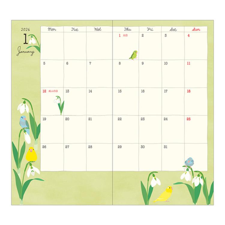 【2026年カレンダー・手帳】ミドリ ポケットダイアリー スリム<B6> トリ柄 トリ柄 B6