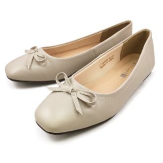 【RHYTHM BOX】リズムボックス　スクエアトゥリボンフラットシューズ　グレージュ　L