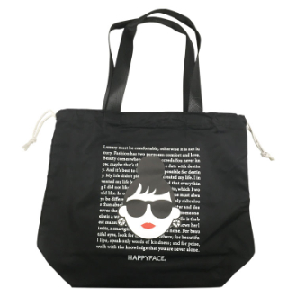 【HAPPY　FACE】ハッピーフェイス  EMMA英字背景  プリント巾着トート  ブラック