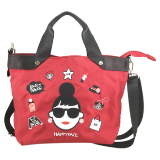 【HAPPY　FACE】ハッピーフェイス　はっ水 レディーエマ刺しゅう 多機能 ショルダートート レッド