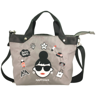 【HAPPY　FACE】ハッピーフェイス　はっ水 レディーエマ刺しゅう 多機能 ショルダートート グレー