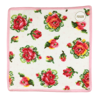 【FEILER】フェイラー　タオルハンカチ　レーシーローズドット　ホワイト/ペールピンク