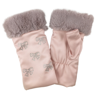 【RHYTHM BOX】リズムボックス　手袋 ハンドウォーマー　リボンラインストーン　ピンク