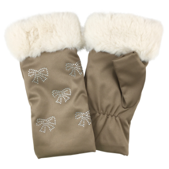 【RHYTHM BOX】リズムボックス　手袋 ハンドウォーマー　リボンラインストーン　モカ