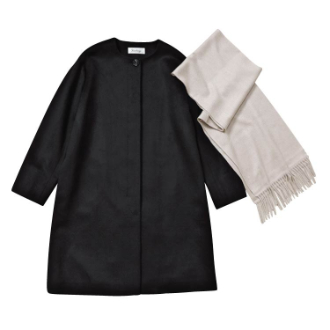[ネット限定！福袋Sale]カシミヤ混ノーカラーコート/カシミヤ100%マフラー2点セット  ブラック  L