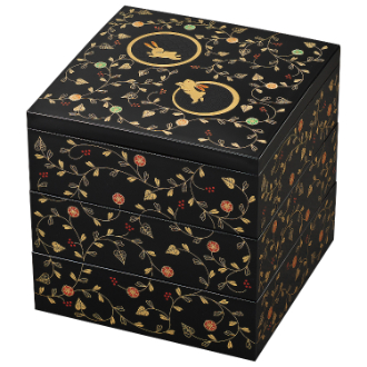 うさぎ唐草5.0三段重　黒内朱