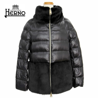 [ネット限定クリアランスセール]【HERNO】ヘルノ　ナイロンウルトラライト＆フェイクファー 切り替えダウンジャケット　BLACK 38