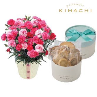 [母の日ギフト]カーネーション（さくらもなか）と「パティスリー キハチ」アソートBOX A40-1 81007