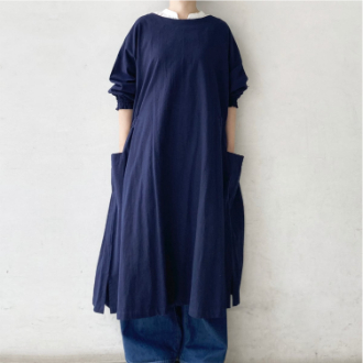 FABORI  クリンクル  ロングギャザーかっぽう着  ネイビー