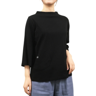 [アーリーサマーセール]婦人綿100％ボトルネックTシャツ  02黒  M～L