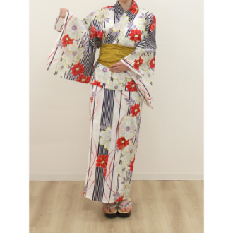 セパレートゆかたセット（ゆかた、兵児帯）B ホワイト×帯マスタード