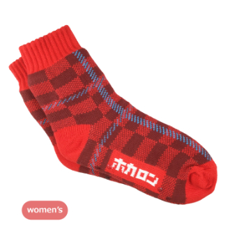 【履くホカロン】裏ボア ルームソックス チェック柄　レッド　23-25cm