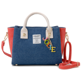 【JOLIE JOLI】ジョリージョリ　デニム地前後あおりポケット付き ２WAYバッグ　BLUE/IVORY(TRICO)