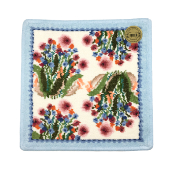 【FEILER】フェイラー　タオルハンカチ　ポンポネットローズ　アイボリー/青